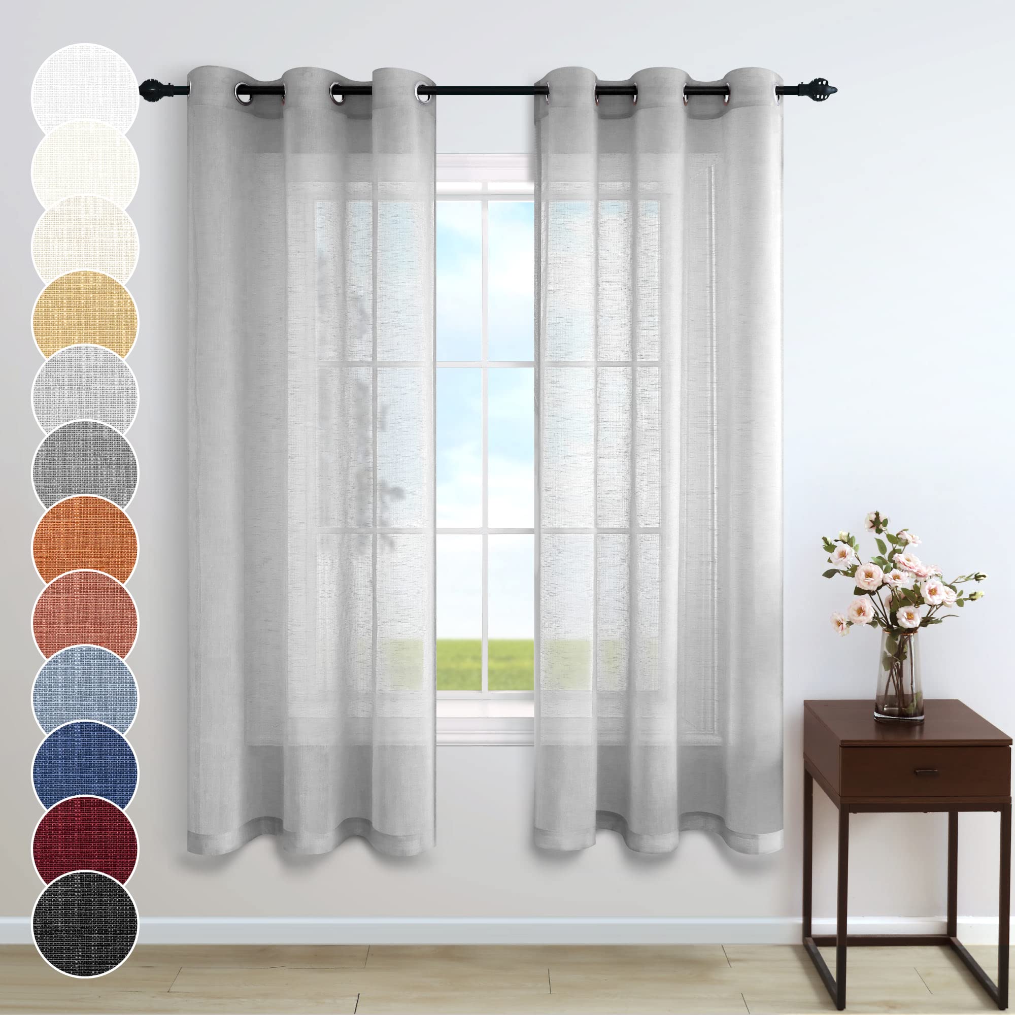 Light Grey Curtains 38 Inch Width for Kitchen Door 2 Panels Set Grommet Sheer Linen Textured Mini Short Small Window Curtains for Basement Bathroom Front Entryway Wide 38 x 45 Inches Long Silver Gray