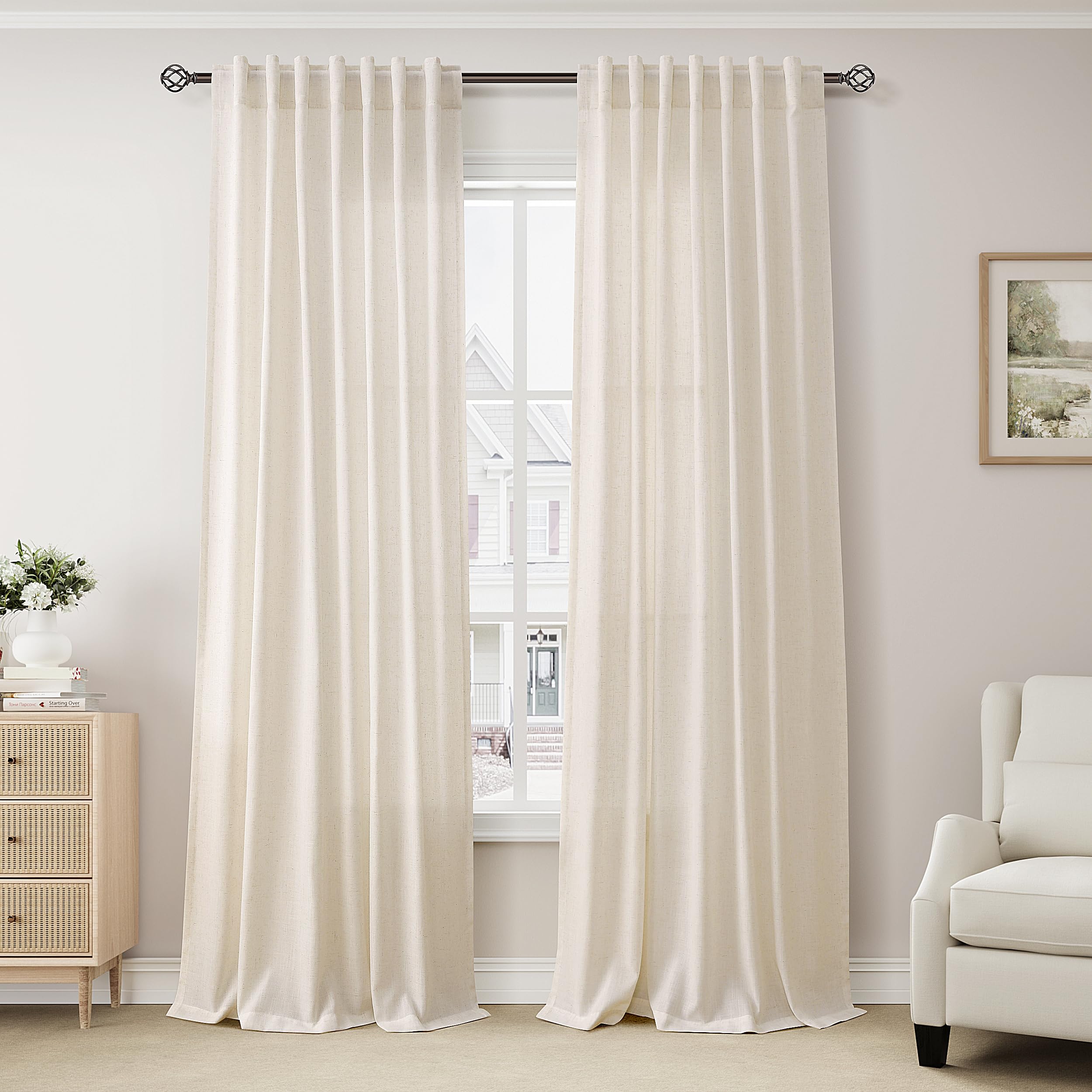BOODII Cream Semi Sheer Textured Linen Curtains 84 Inches Length Long  2 Panels Set for Bedroom Dining Living Room Back Tab Rod Pocket Clip Rings Light Filtering Window Drapes W52 x L84 Natural