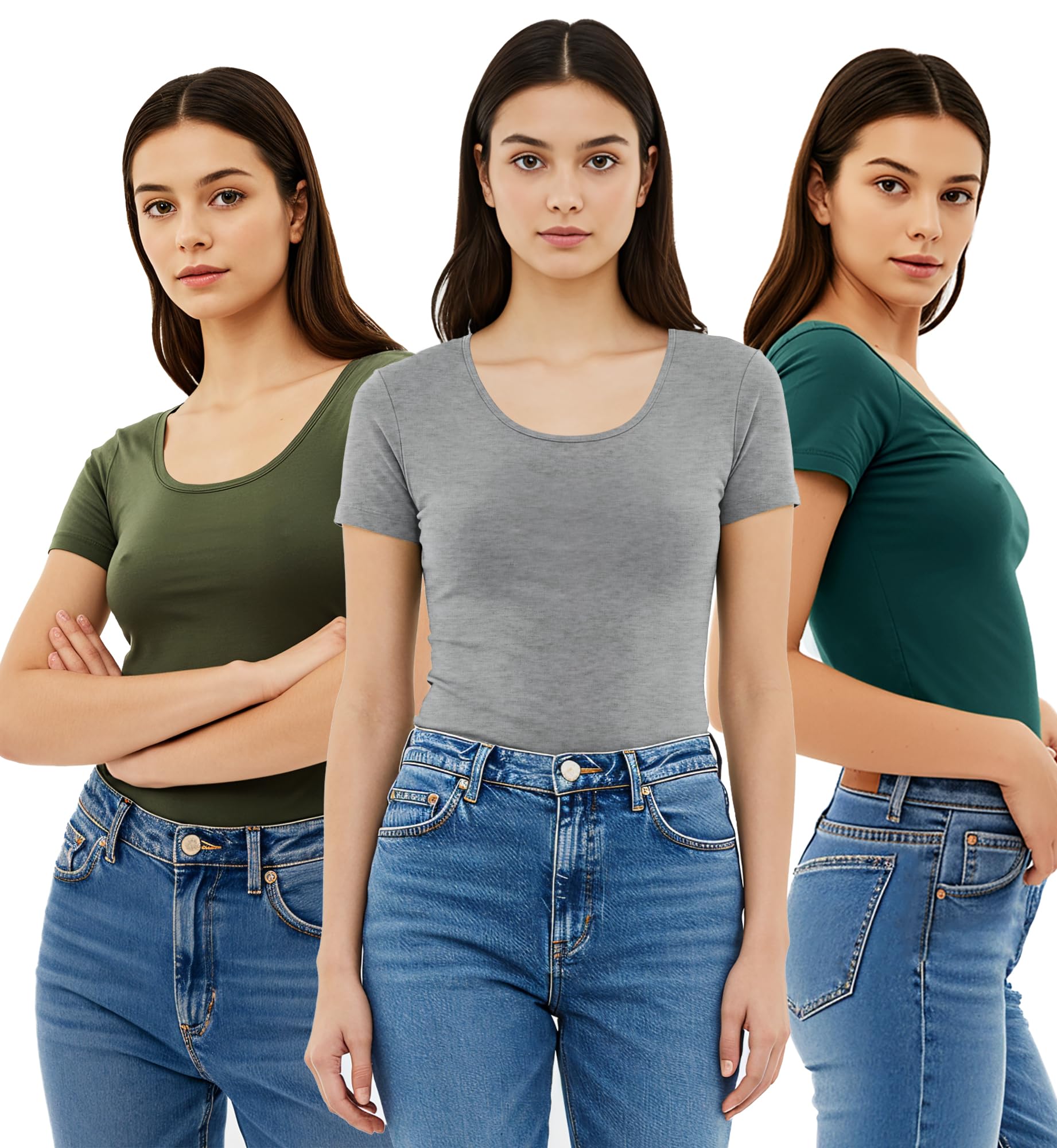 Emmalise Women's Short Sleeve Tshirt Scoop Neck Tee Value Set (3Pk, Olive, Deep Jungle, HTH Gry, Small) Condition-New