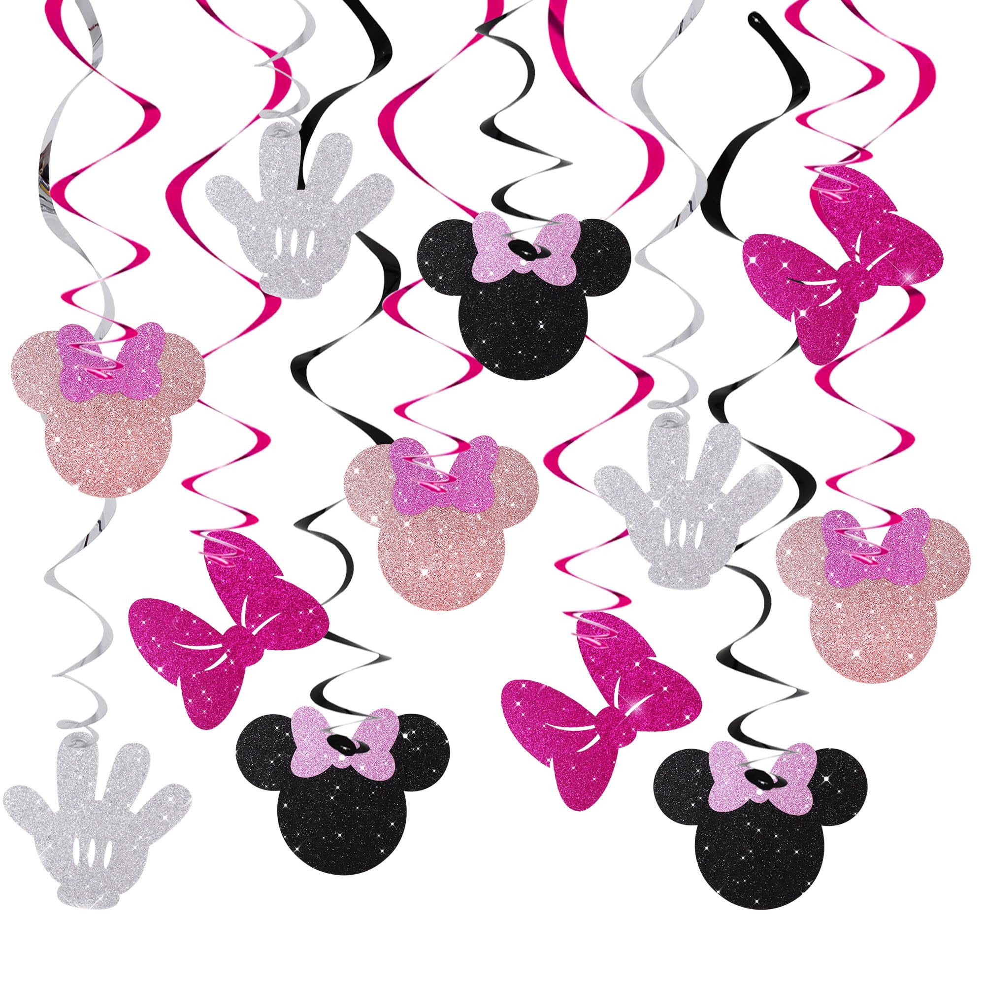 BEISHIDA 16 Pcs Pink Hanging Swirl Decorations, Pre-Strung Birthday Party Decorations Pink and Black Pink Theme Party Supplies for Kids