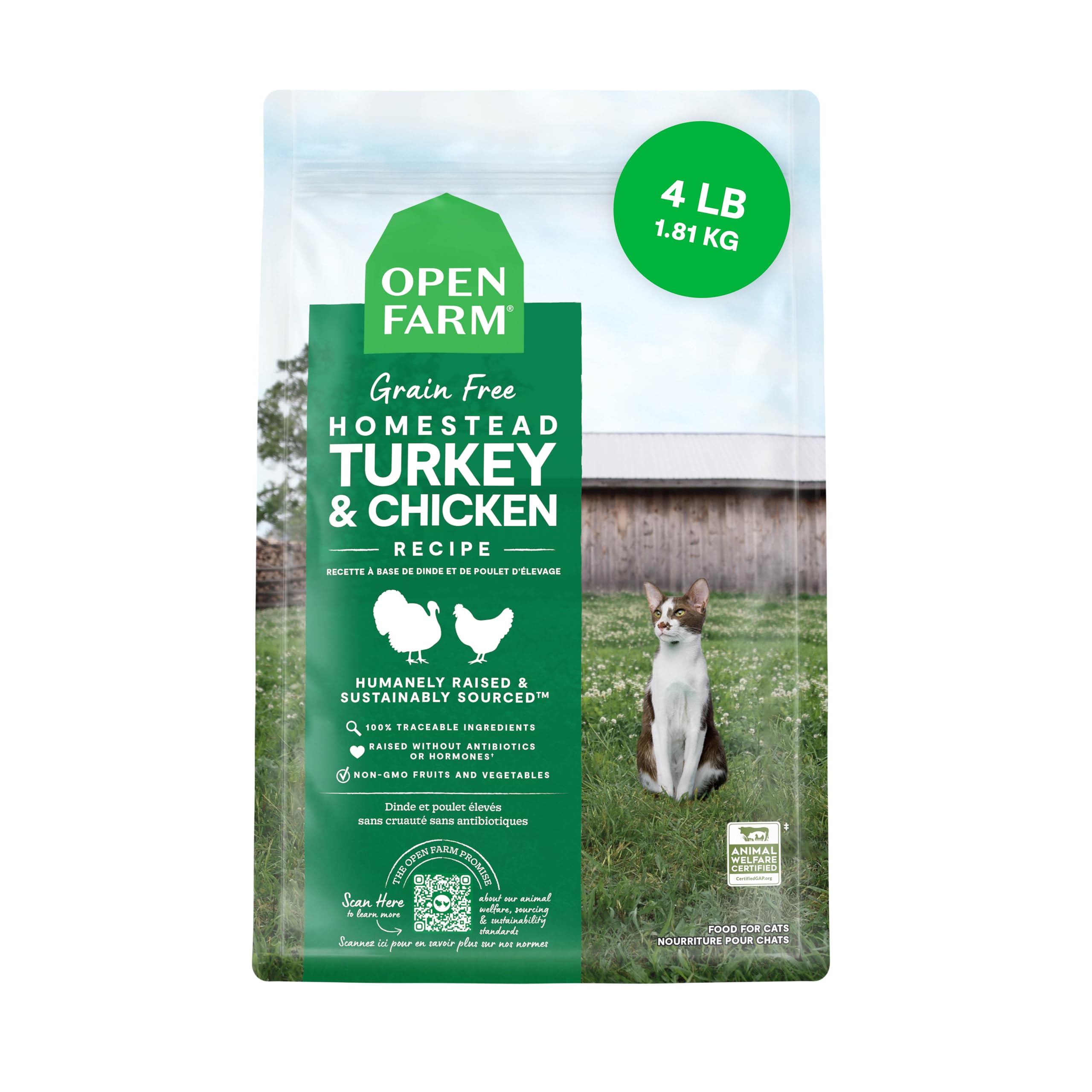 Open Farm, Grain Free Dry Cat Food, High-Protein Kibble for a Complete & Balanced Diet, Non-GMO Fruits & Vegetables, Prebiotic Fibers to Support Digestion, Homestead Turkey & Chicken Recipe, 4lb Bag Condition-New