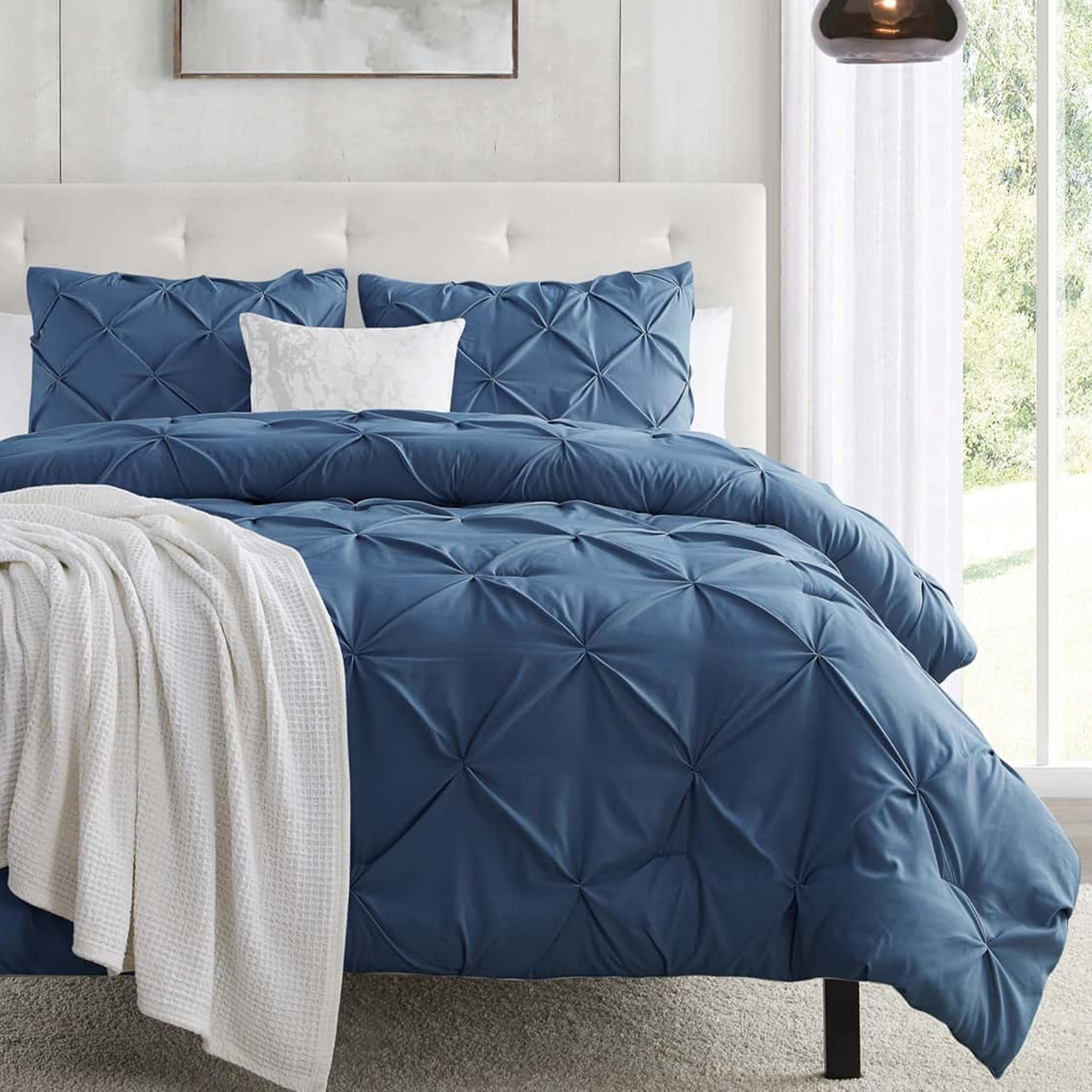Nestl Navy Blue Duvet Cover Full Size - Soft Double Brushed Duvet Set with Button Closure & Corner Ties, 3 Piece Luxurious Pinch Pleated Duvet Cover Set 80x90 Inches with 2 Pillow Shams Condition-New