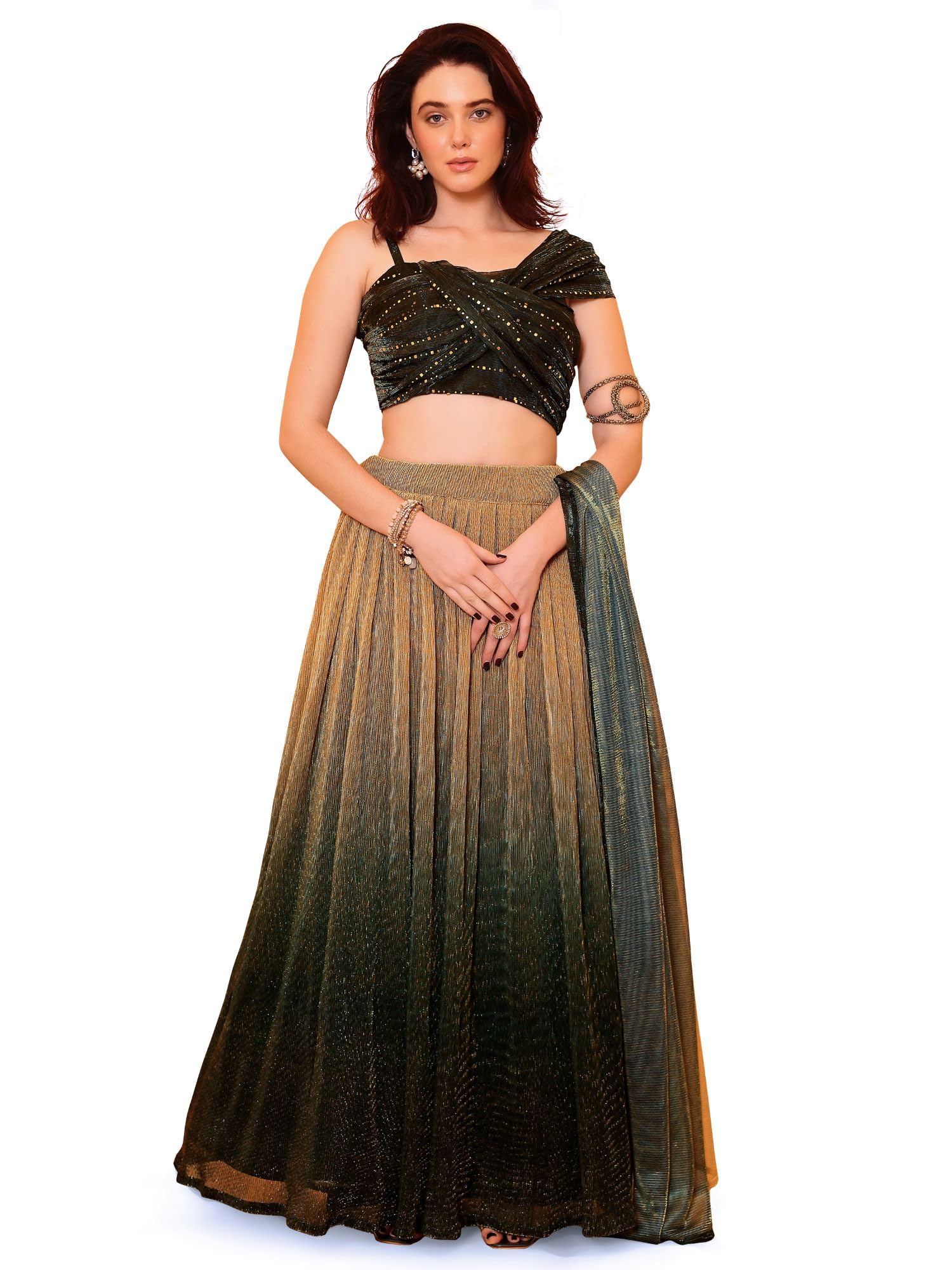 PURVAJA Womens Shaded Lycra Semi-Stitched Lehenga choli (Liya-Green_Blue_Free Size) | Material: Polyester Blend