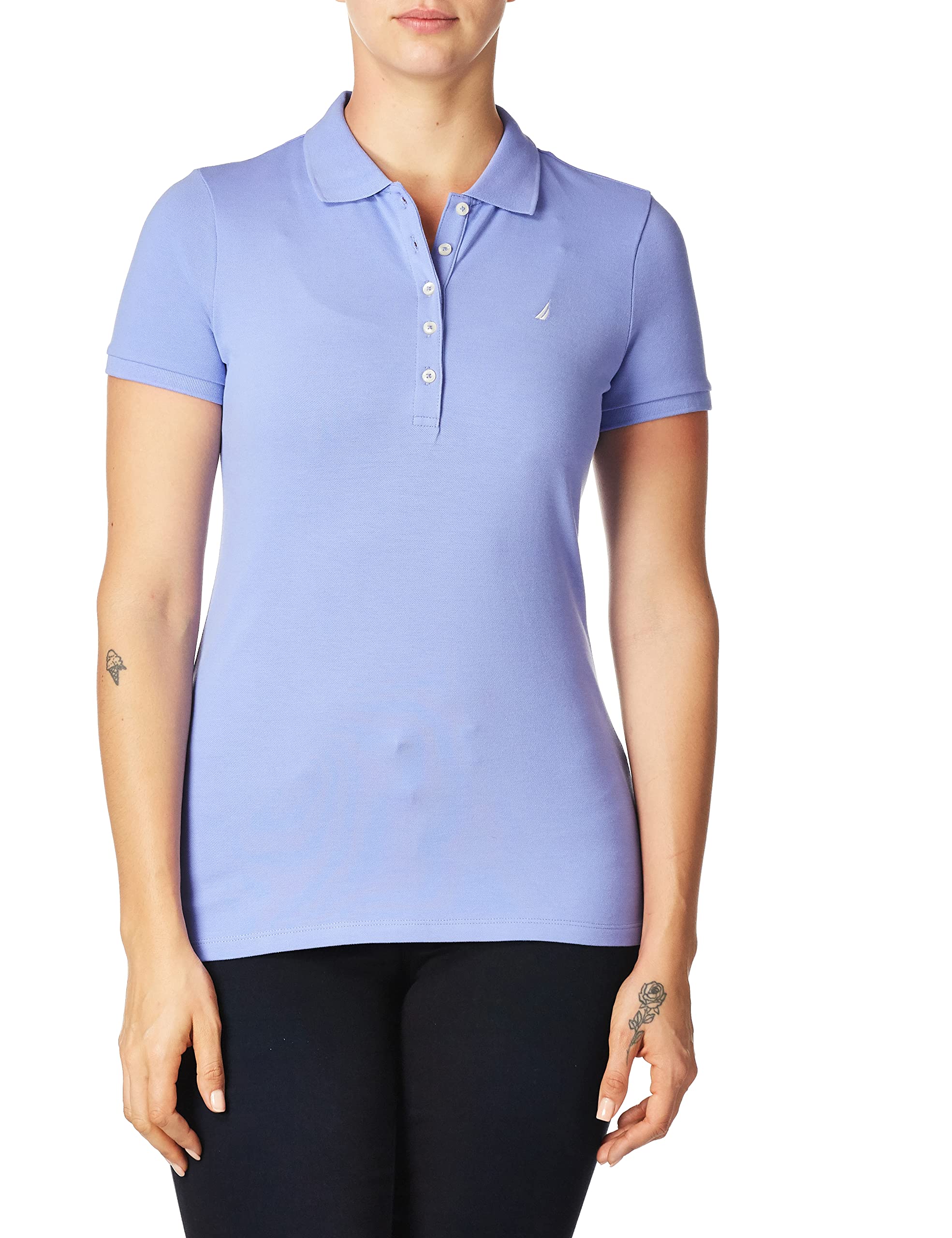 Nautica Womens 5-Button Short Sleeve Breathable 100 cotton Polo Shirt  Deep Peri  Medium