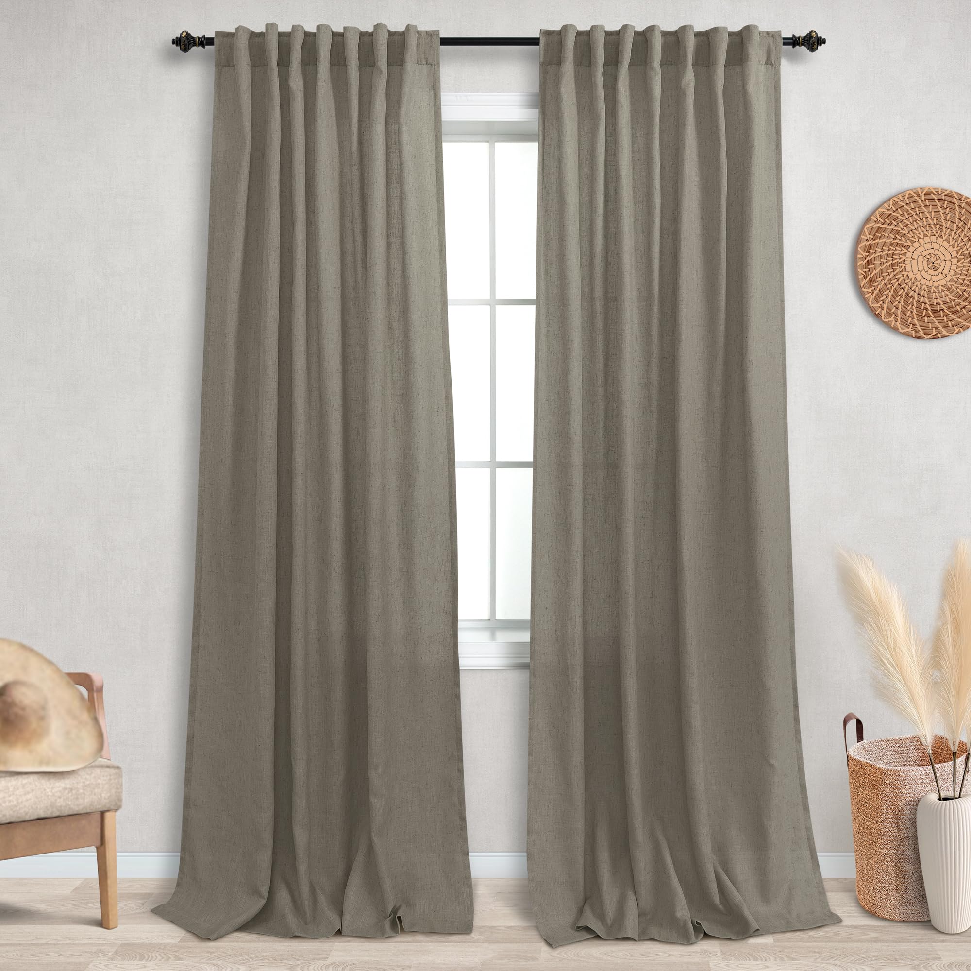 KOUFALL 52x90 Inch Length Taupe Back Tab Rod Pocket Linen Sheer Curtains for Living Room