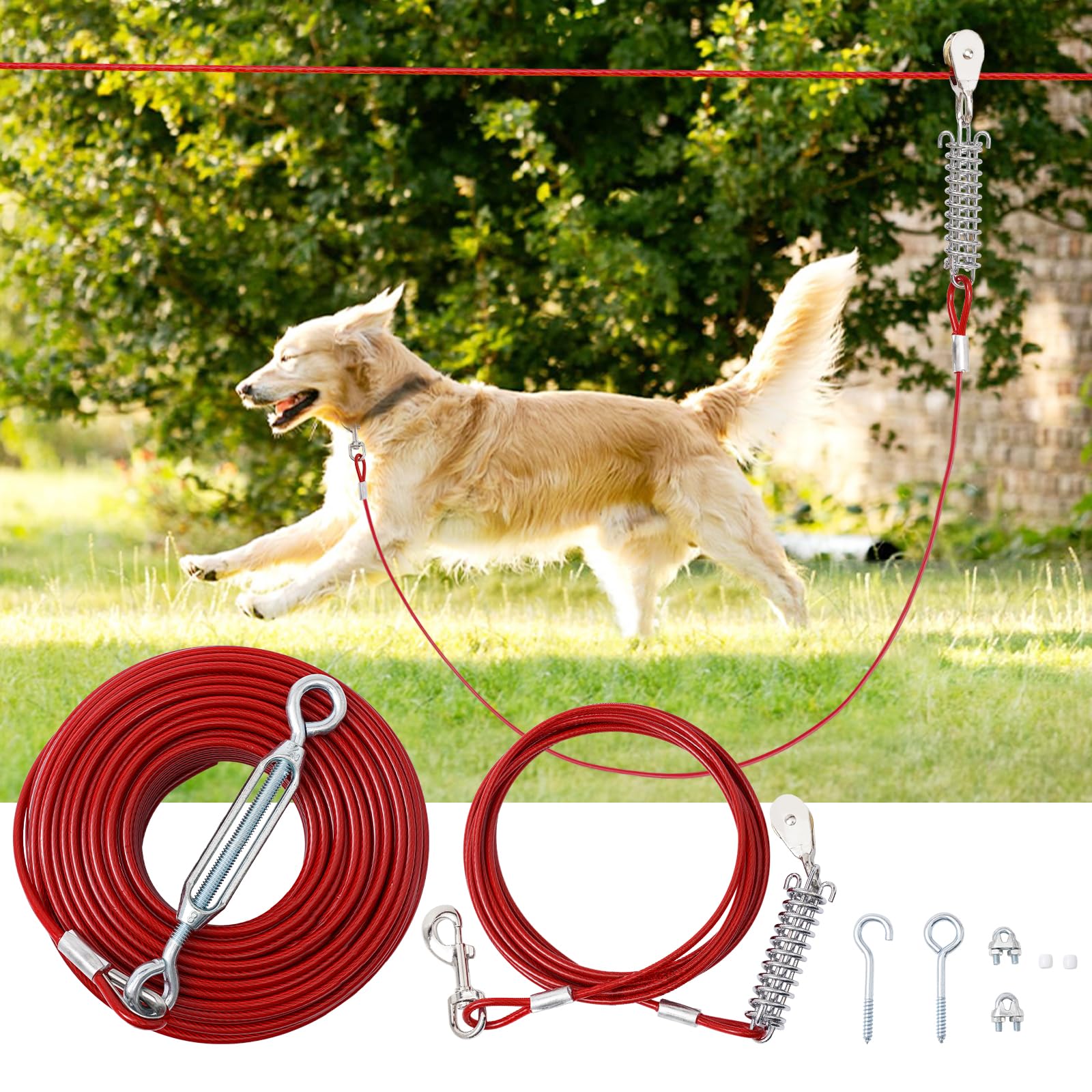 LUFFWELL Dog Runner for Yard - 150FT Long Leash with 10FT Shock Absorption Spring and Pulley Trolley System for Dogs Run outside