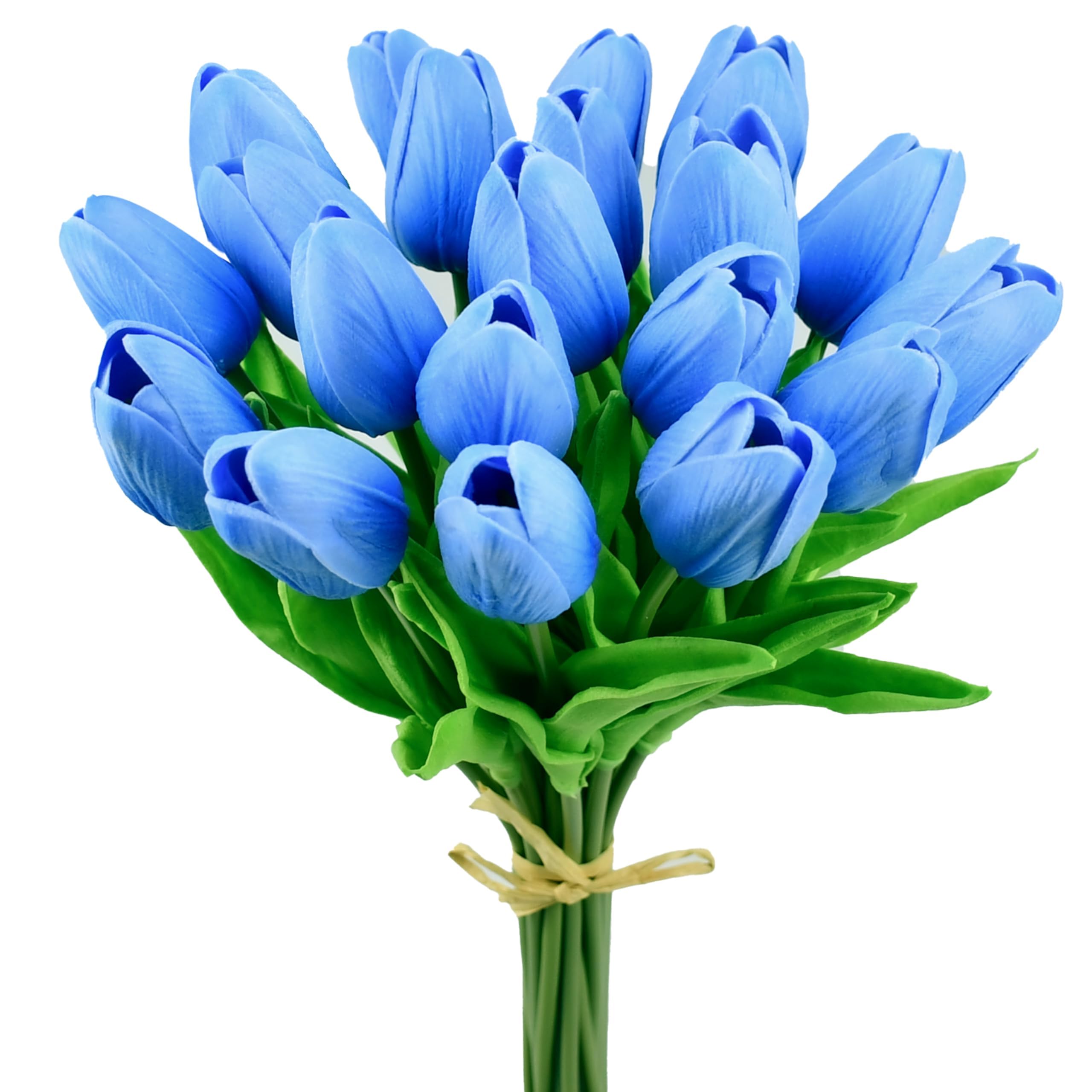 Mandy's Light Blue Artificial Tulips Flowers Centerpiece, 13.5Inch Lifelike PU Fake Floral Stems 20pcs for Kitchen Island & Dining Table, Spring Decor for Easter Condition-New