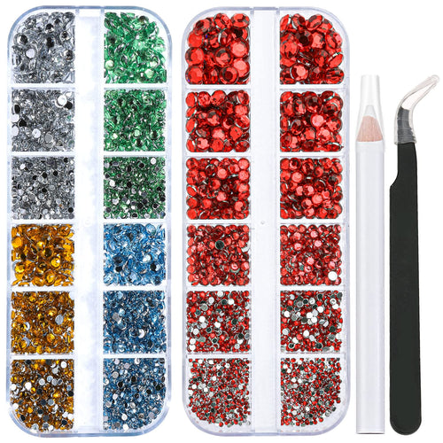 2 Packs of Flatback Rhinestones 5660 Pcs Colorful Nail Art Rhinestones Flatback Crystal Colorful with Picker Pencil and Tweezer for Nail Art and Decoration (09- Red & Mixed Color)