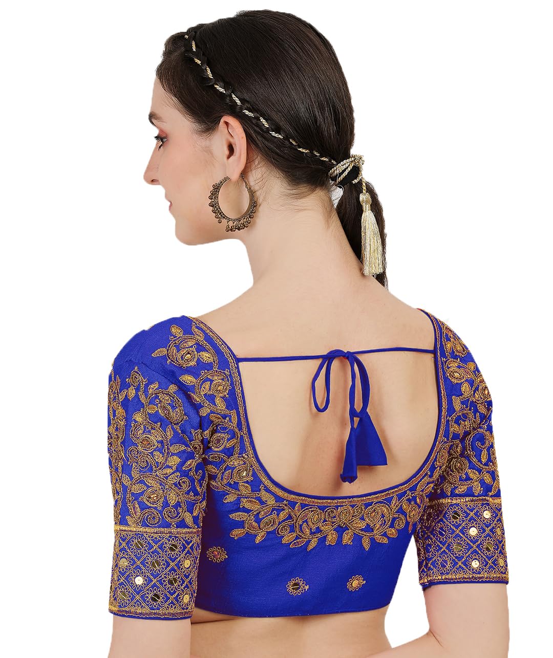 Pujia Mills Ladies Silk Blouse with Embroidery Khatli Work with Stone, Royal Blue, 38