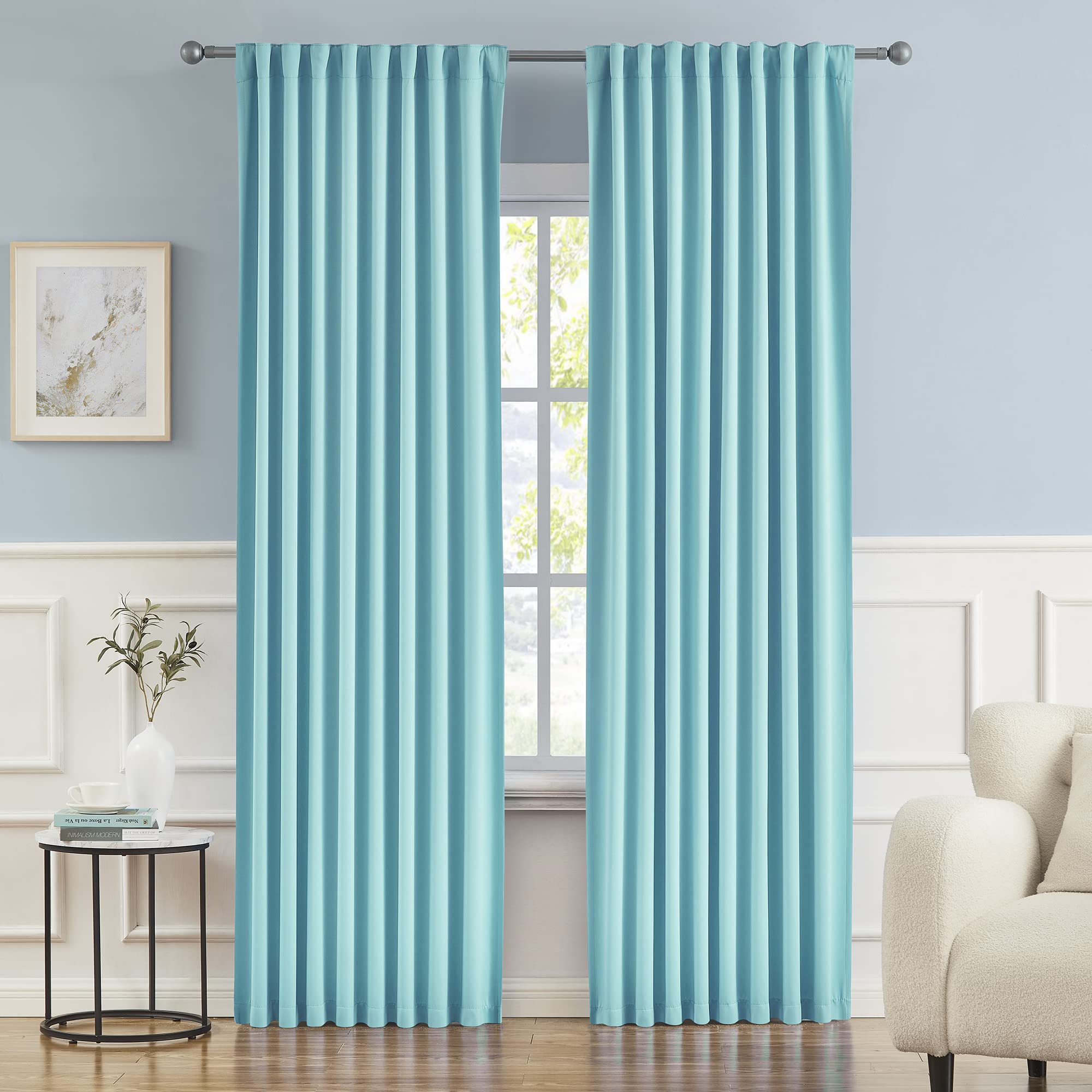 DUALIFE Aqua Color Kids Curtains for Bedroom Rod Pocket Back Tab Window Treatment Panels Room Darkening Drapes for Living Room 52 x 45 Inch  Aqua Blue  2 Panels Set
