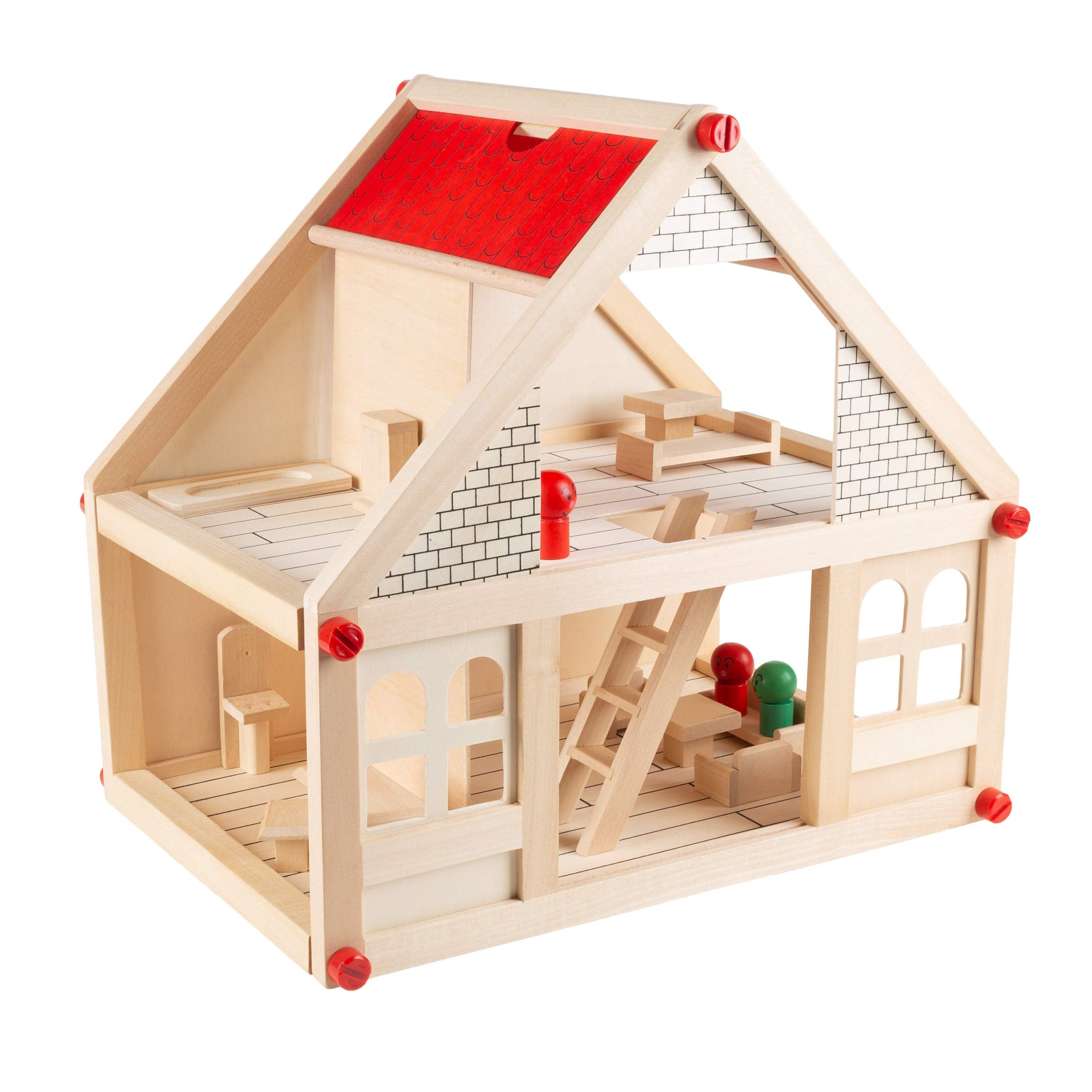 Dollhouse for Kids - Classic Pretend Play 2 Story Wood Playset with Furniture Accessories and Dolls for Toddlers  Boys and Girls by Hey! Play! Brown Condition-New