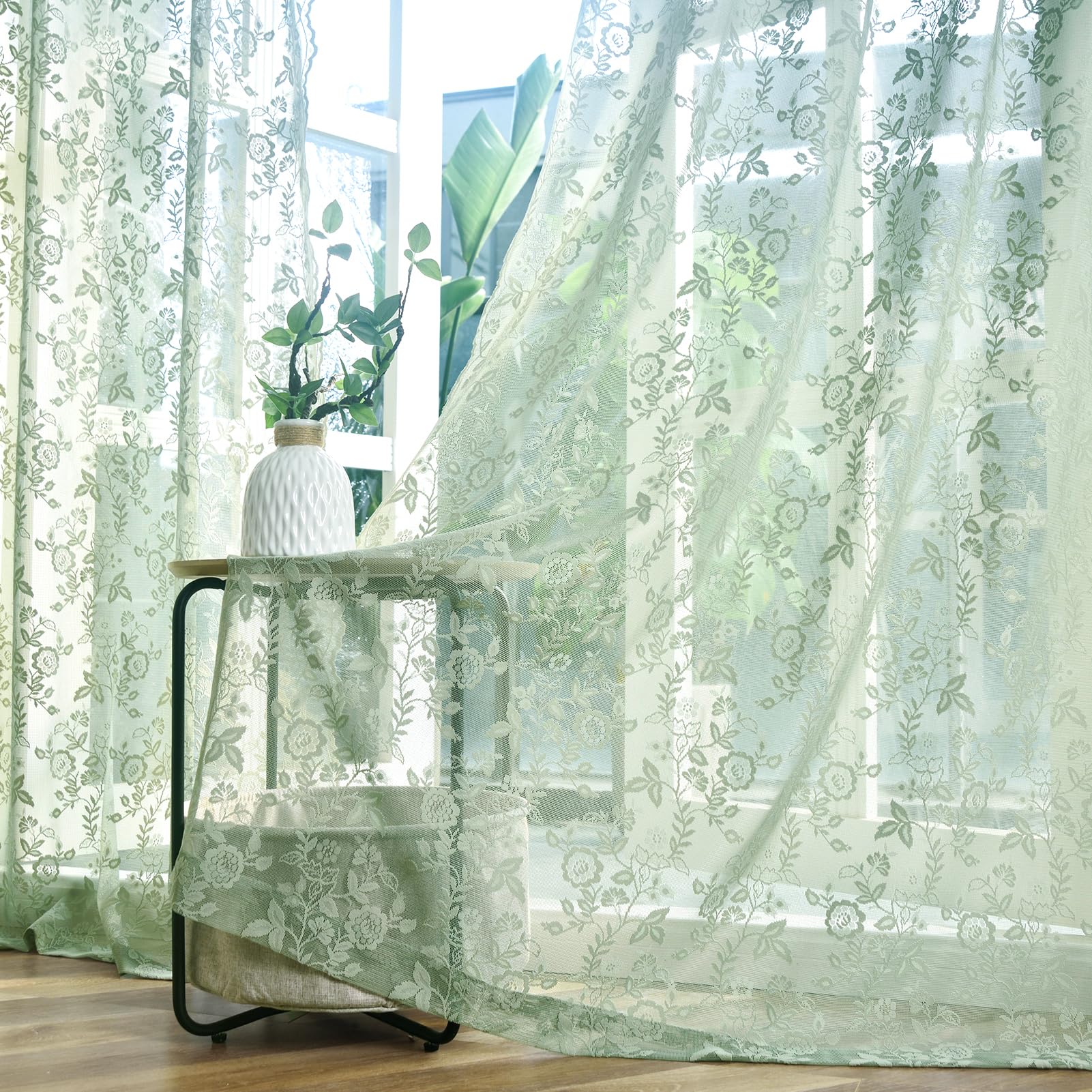 FINECITY Sage Green Lace Curtains Rustic Leaf Floral 52 x 84 Inch, 2 Panels