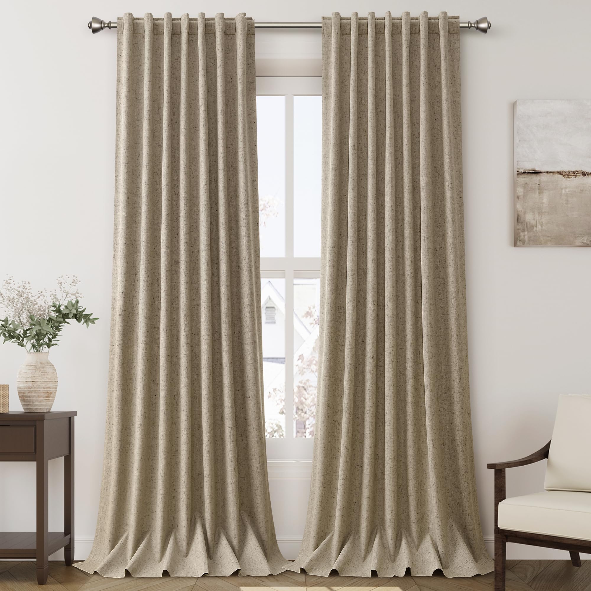 Extra Long Blackout Curtains 108 Inches Long Khaki Modern Linen Back Tab Rod Pocket Curtains for Sliding Glass Doors Thermal Light Blocking Floor Length Windows Drapes With White Backing 9Ft 52X108