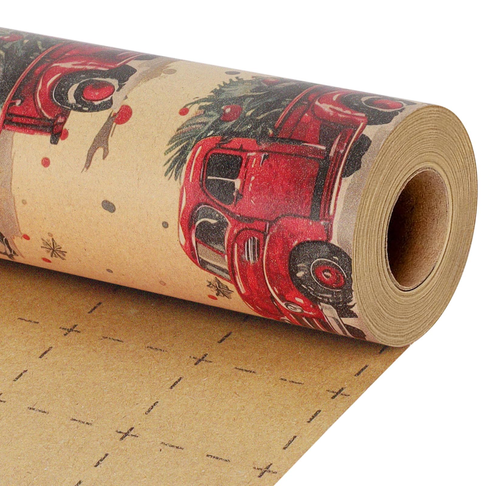 LaRibbons Kraft Vintage Christmas Wrapping Paper Roll  Classic Truck Design Gift Wrap Paper for Christmas  Holiday  Season Party Celebration  17 Inch x 33 Feet