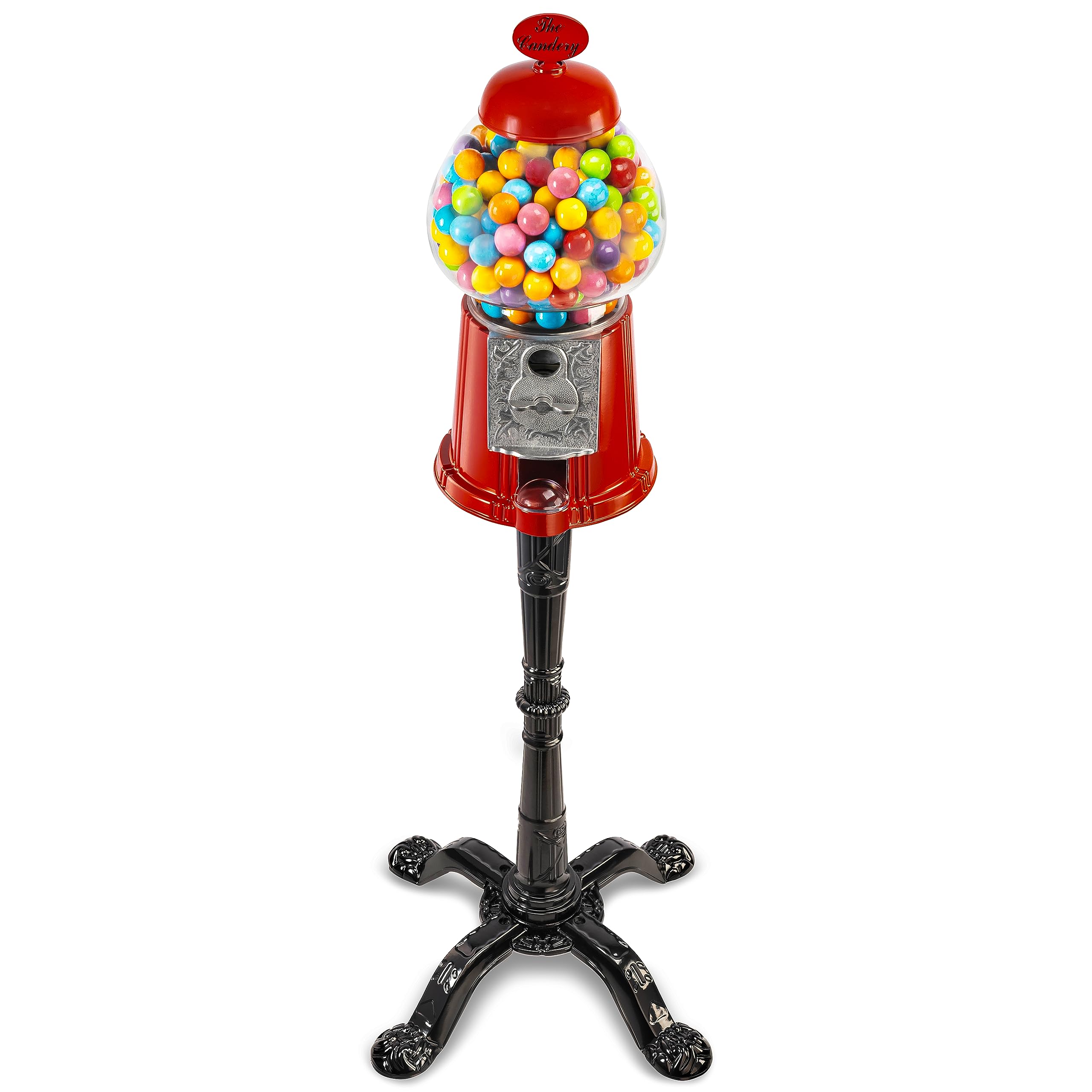 The Candery Gumball Machine - 15 Inch Candy Dispenser with Stand Durable Aluminum Frame- Heavy Duty Red Metal with Large Bowl - Easy Twist-Off Refill - Free or Coin Operated - 0.62 Inch Gumballs