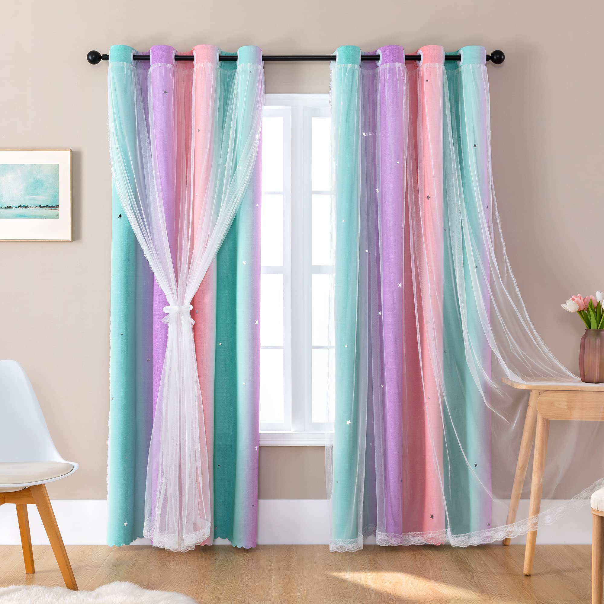 XiDi Dream Star Blackout Curtains for Kids Rooms Girl Princess Curtain for Daughter Bedroom Window (Pink Purple Green  W52 X L72)