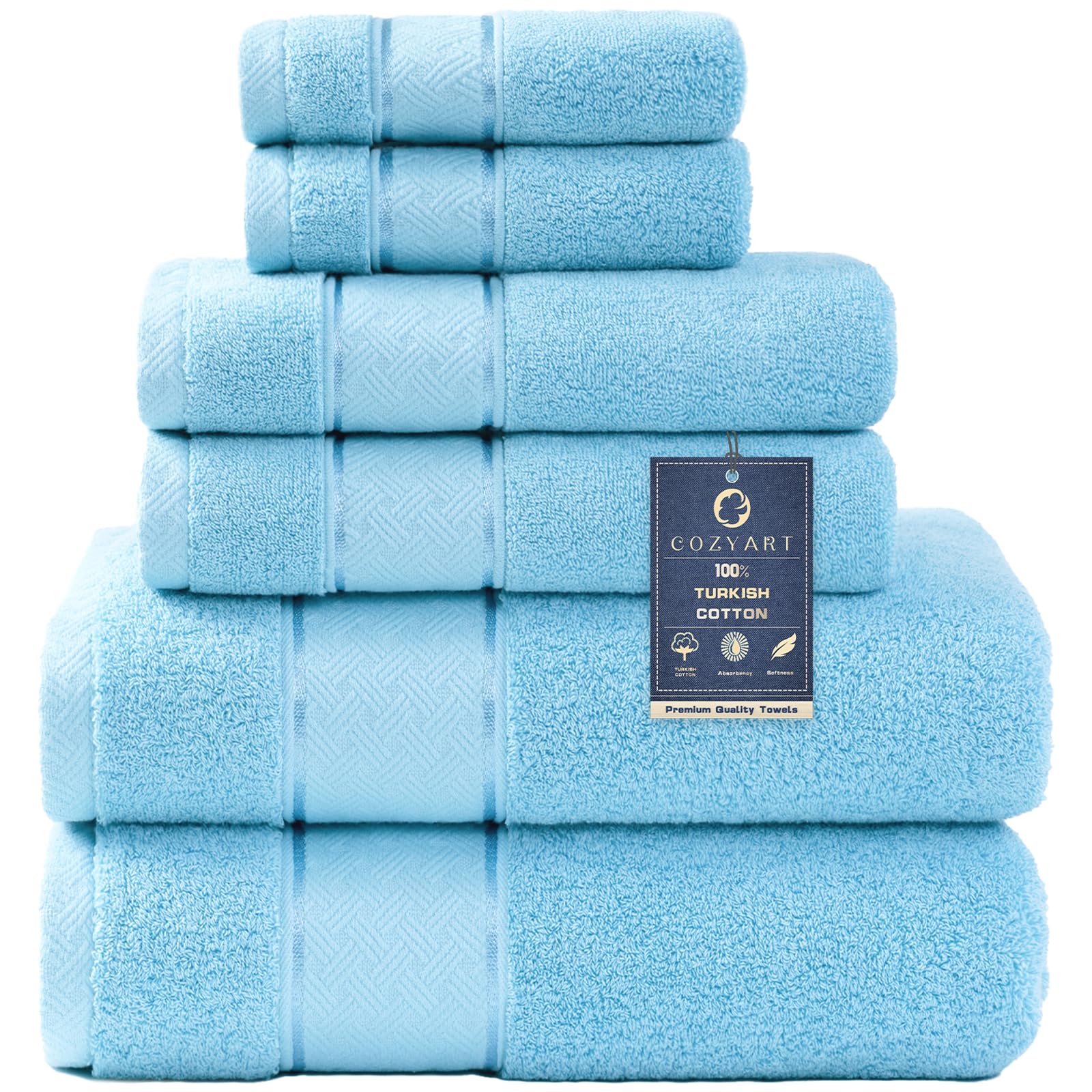 COZYART Sky Blue Bath Towels Set 6 Piece  2 Bath Towels 2 Hand Towels 2 Washcloths  Luxury 100% Turkish Cotton 650GSM Hotel Quality  Soft  Absorbent  Towel Sets for Bathroom