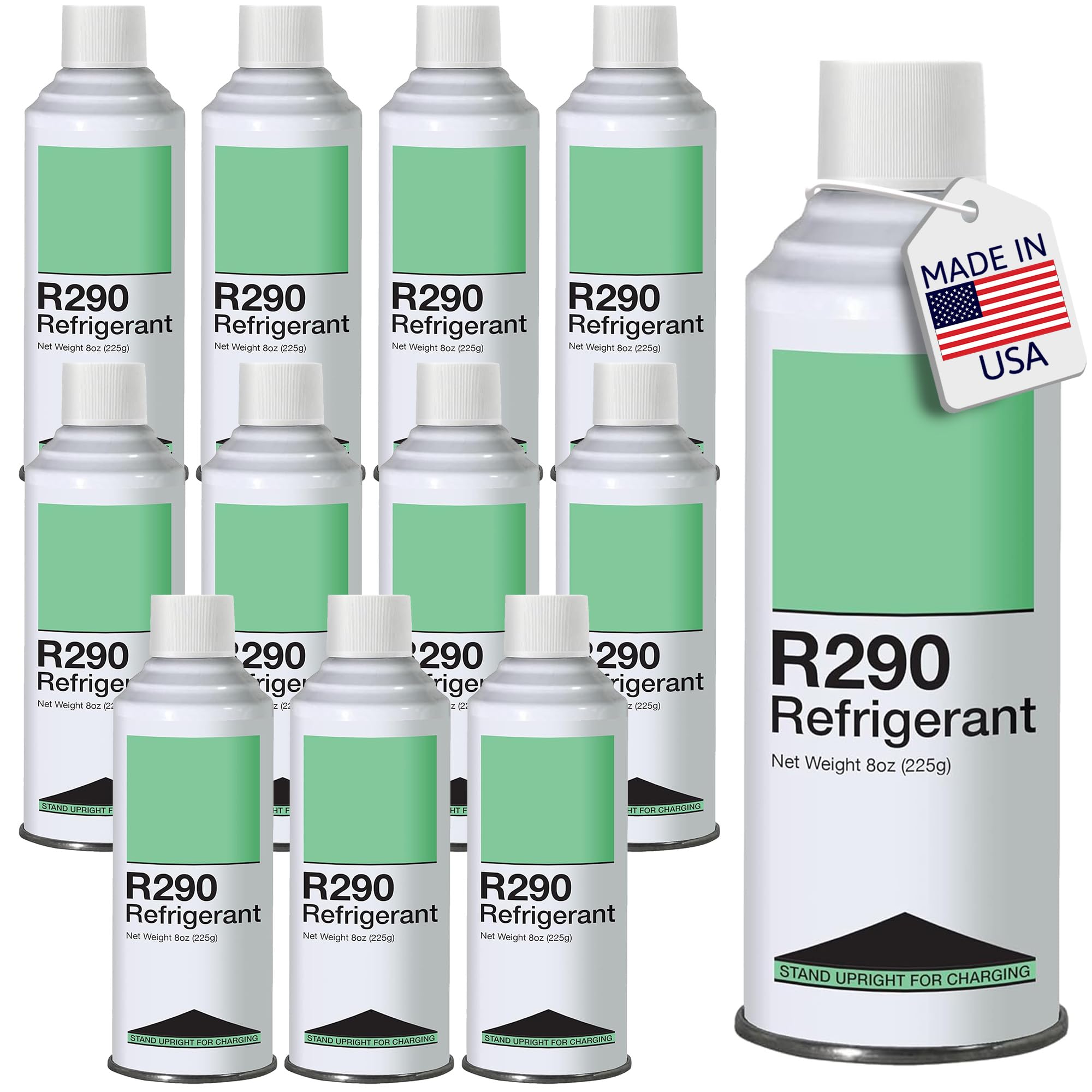 Leak Saver R290 Refrigerant 12-Pack - 8oz Upright Charging Self Sealing Can - Can Stand Upright While Charging - Made in The USA (Adapter Not Included)