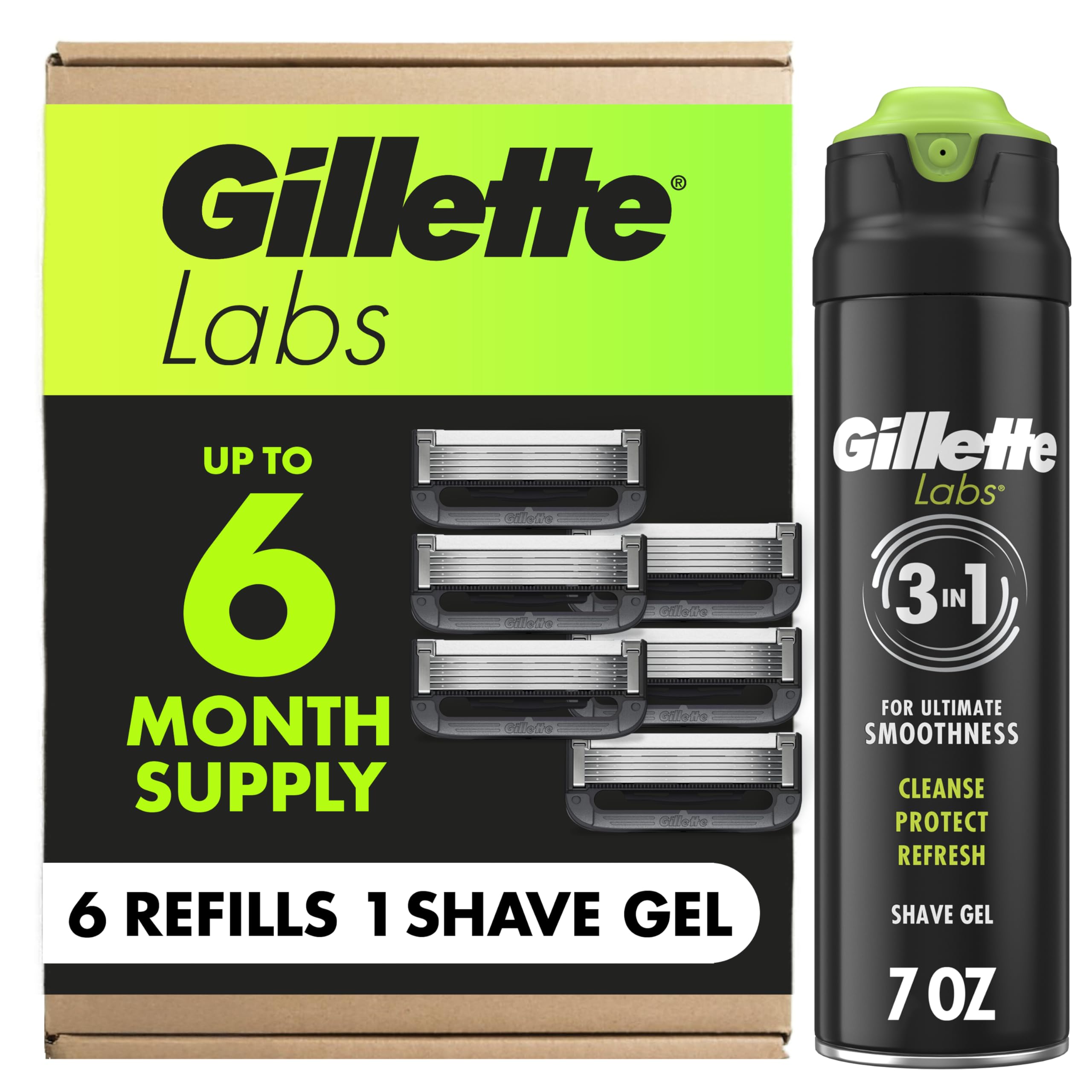 Gillette Labs with Exfoliating Bar Razor Refills for Men , 6 Razor Blade Refills and 7oz Rapid Foaming Shave Gel Condition-New