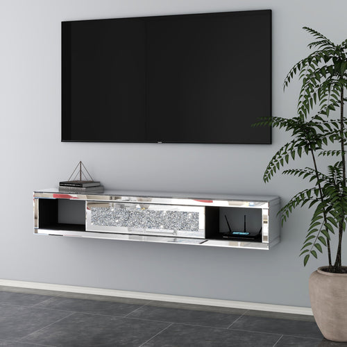 blingworld Mirrored Floating TV Stand, 47 1/2Inch Wall Mounted Floating TV Shelf with Crushed Diamonds, Glass Floating Entertainment Center Under TV Shelf Mantel for Living Room, Bedroom (Silver) Condition-New