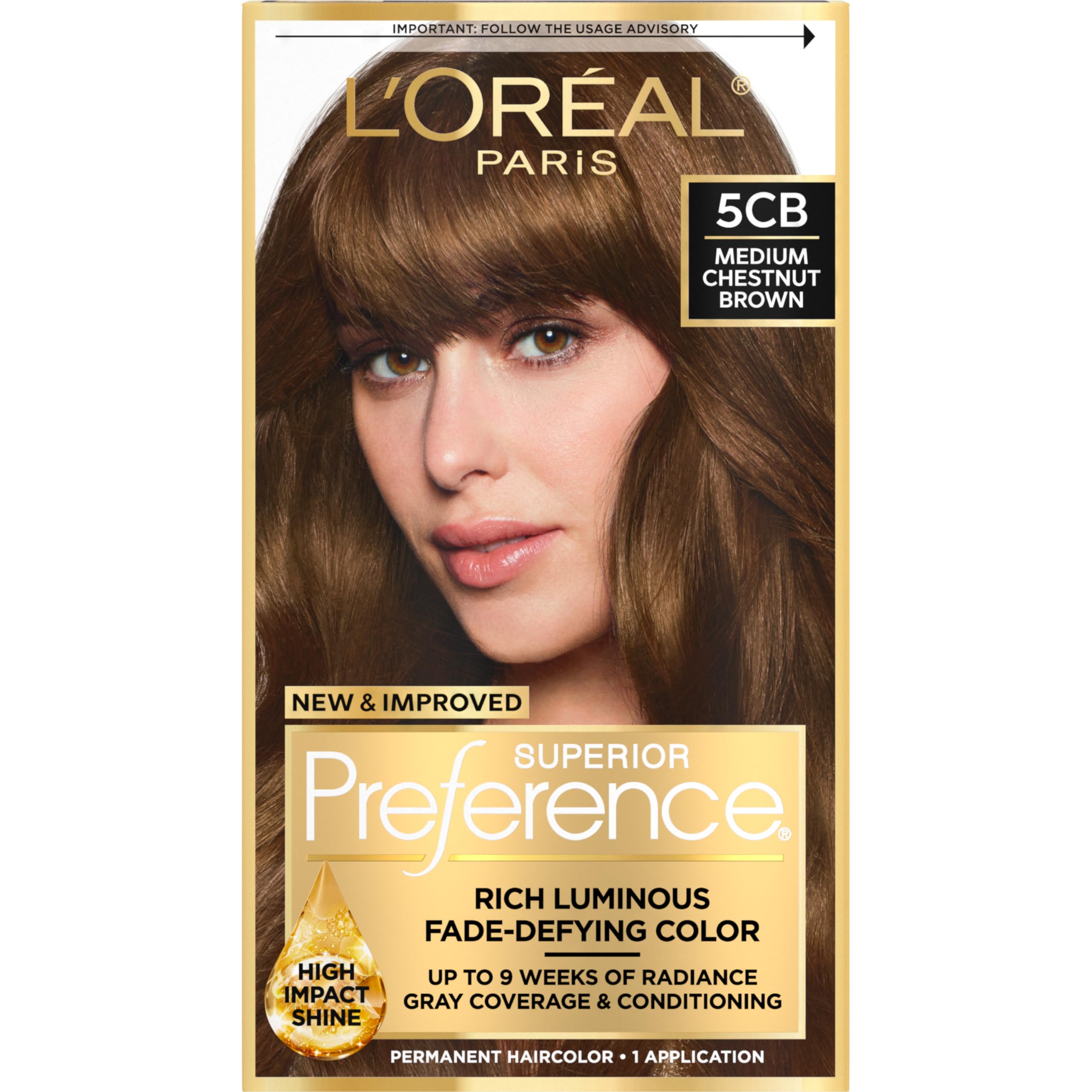 LOreal Paris Superior Preference Luminous Fade-Defying Permanent Hair Color, Hair Dye For Up to 9 Weeks of Radiance, Medium Chestnut Brown 5CB, 1 Hair Dye Kit