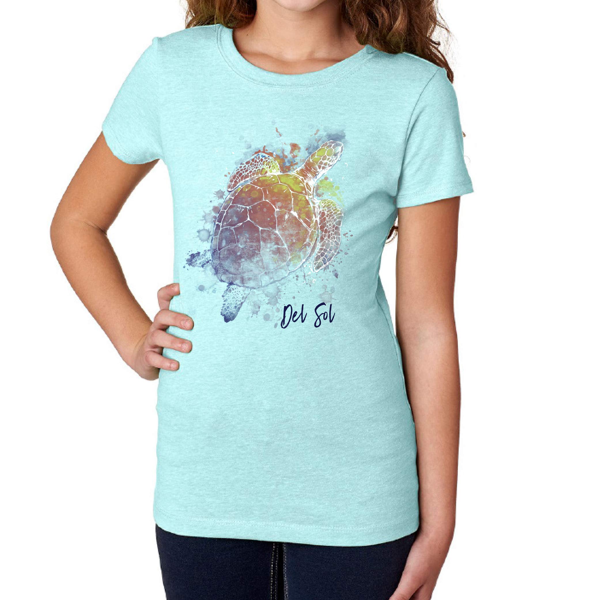 Del Sol Color Changing Youth Premium Girls Crew Tee - Turtle Splash, Ice Blue, Size YXS