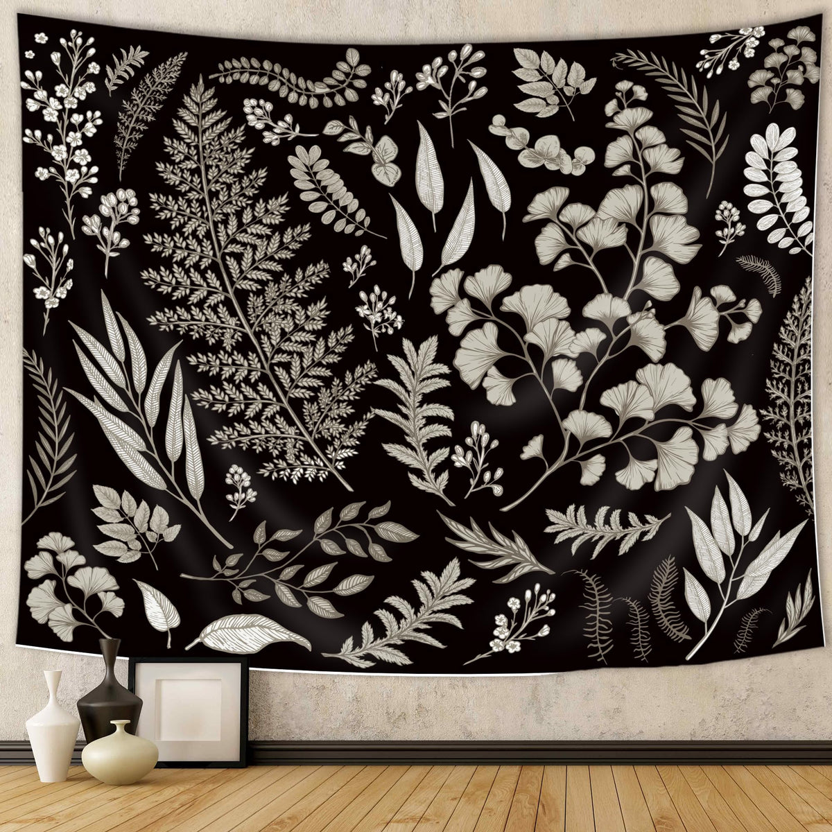 SVBright Botanical Black Tapestry 59Wx51H Inch Leaves Eucalyptus Vintage Simple Sage Green Nature Tree Plant Minimalist Tropical Home Decor Art for Living Room Bedroom Dorm Fabric Wall Hanging