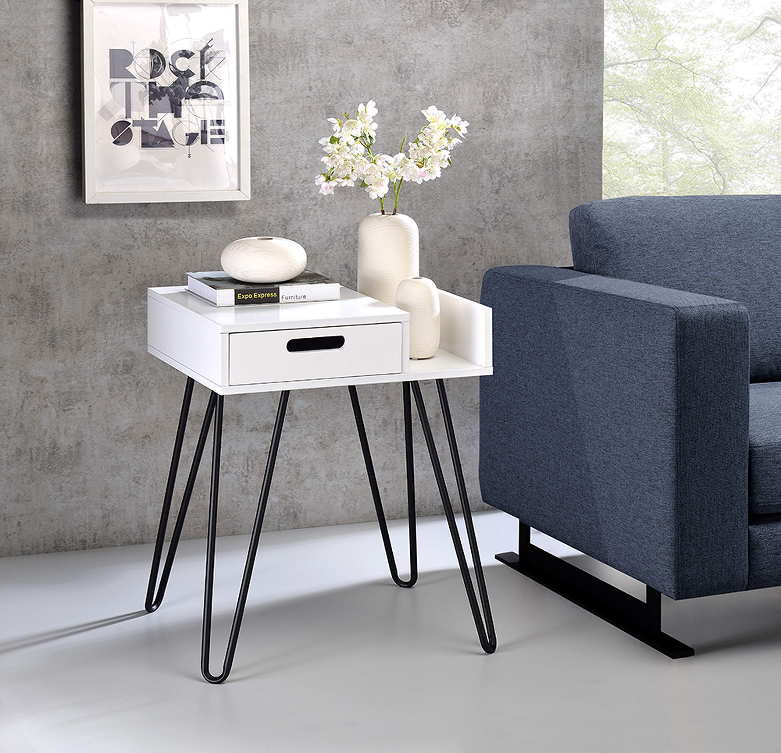 Kings Brand Furniture - Landini Side End Table - Night Stand, White Wood with Black Metal Legs-Like New Condition-Like New