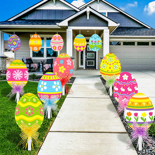 12 Pieces Easter Outdoor Yard Decorations Signs Eggs Corrugated Yard Decorations with Stakes and Easter Yard Decorations Eggs Garden Sign Waterproof Lawn Signs for Pathway Walkway(Floral Pattern)