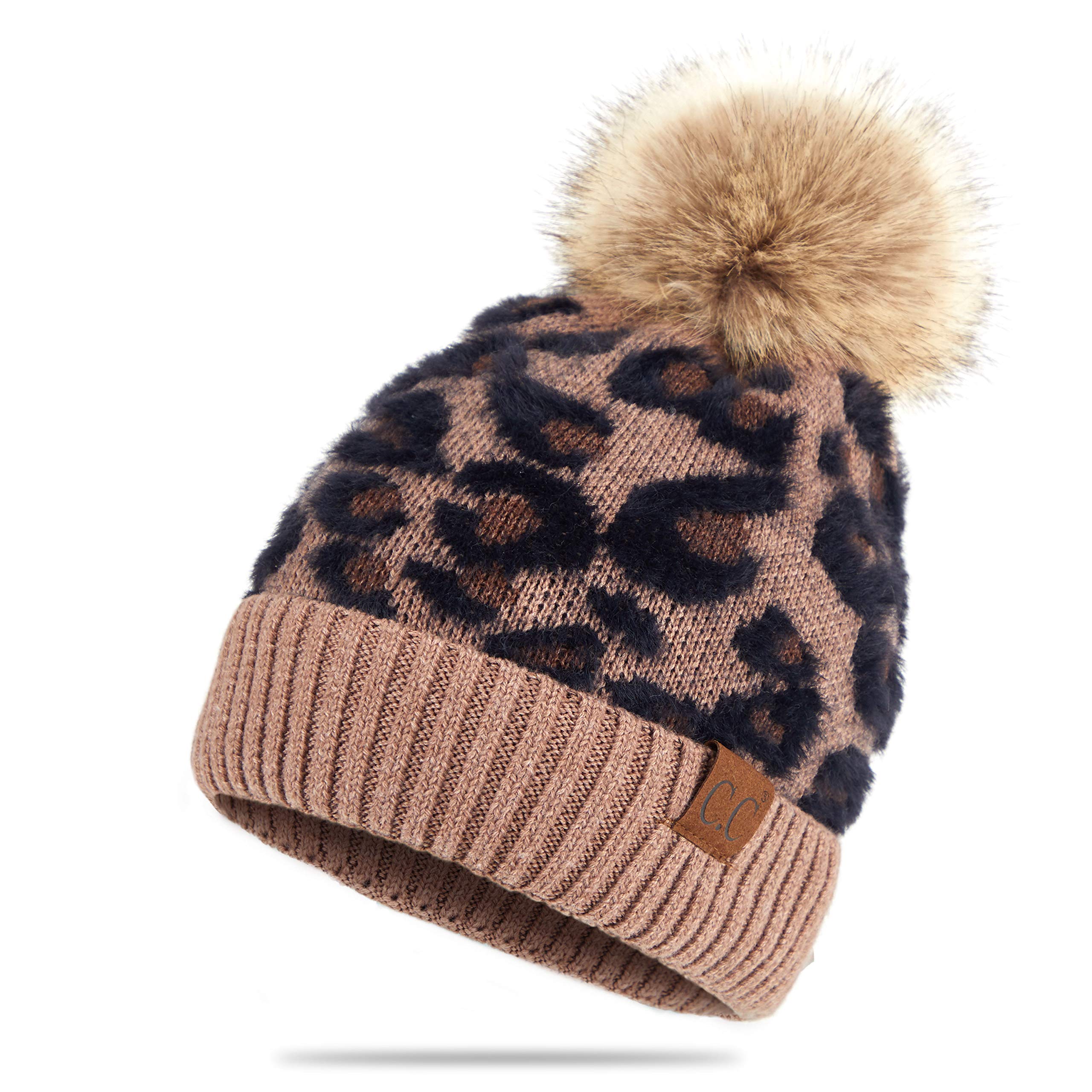 C.C Exclusives Soft Beanie hat with Leopard Pattern and Fur Pom  a Rubber Band Included (HAT-2061) (MOCHA)