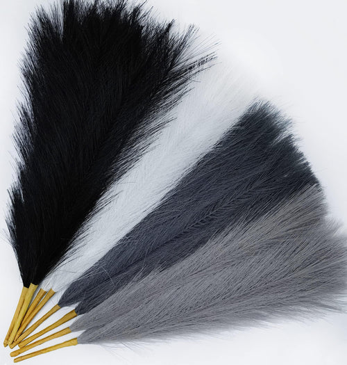 8 Pcs 17 Pampas Grass Faux Dried Decor  Fluffy Fake Small Pompas Artificial Black White Grey Gray Pompous Short Stems Bouquet Flower Arrangement Vase Filler for Boho Home Wedding Decoration
