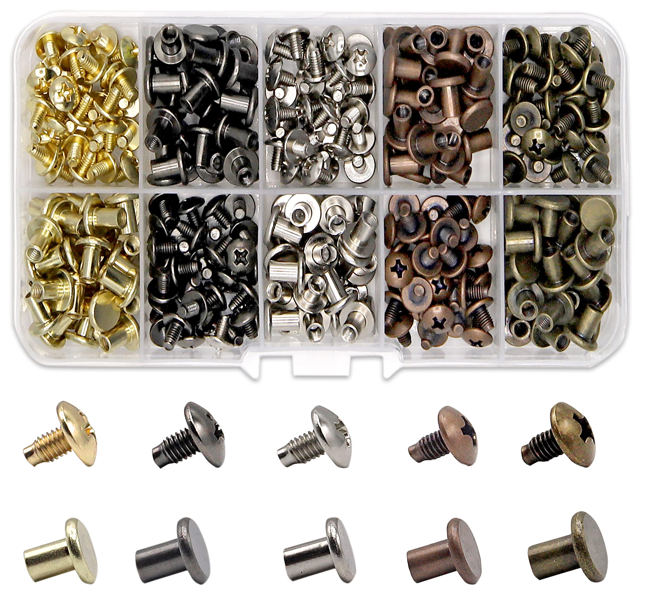 JOZAMER 125 Sets Chicago Screws in 5 Colors (Gold, Bronze, Silver, Antique Copper, & Gun Metal)—8mm×8mm Screw Rivets for Leather, DIY, Handbags, Belts, Watches, Binding, Photo Albums, & Shoes Condition-New