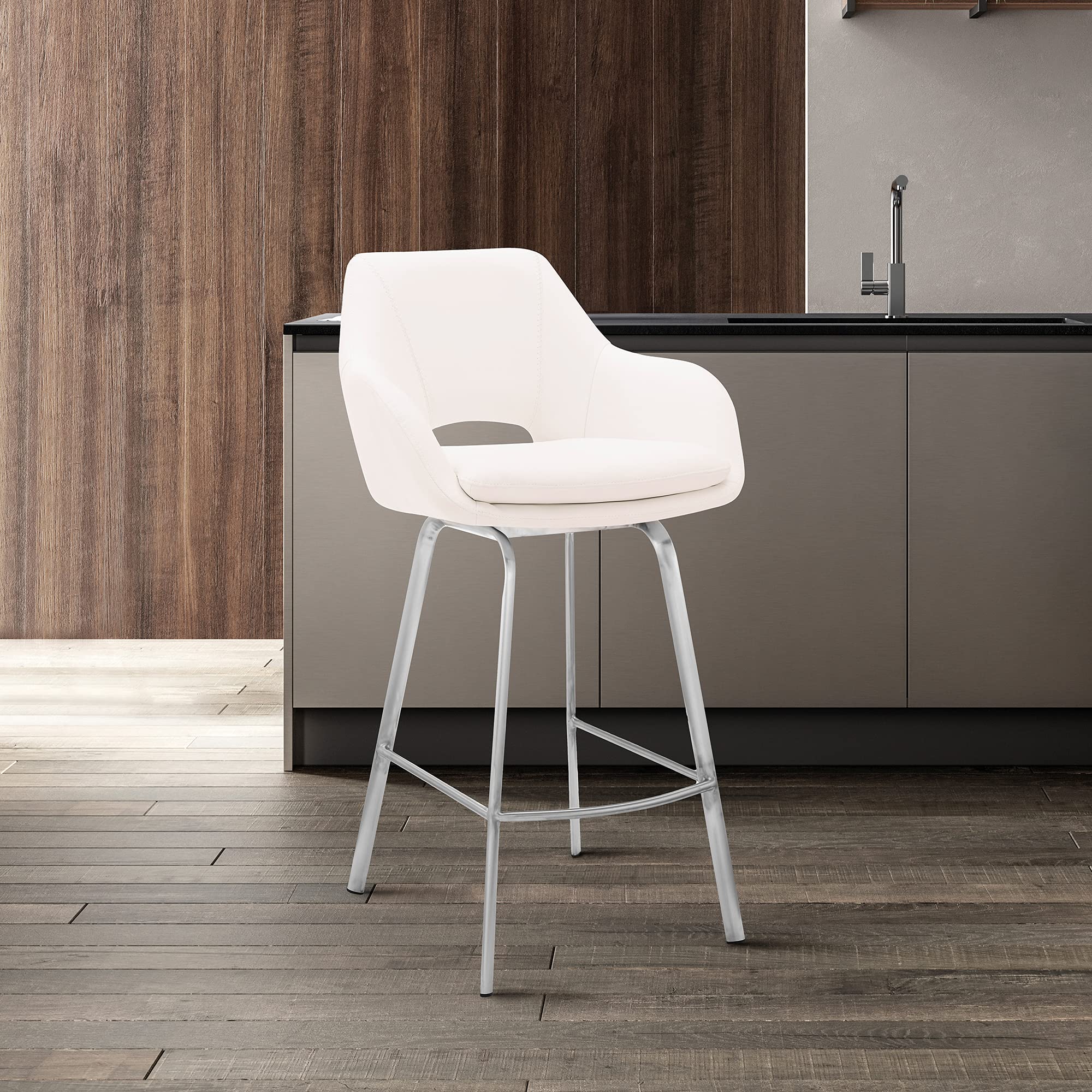 Armen Living Aura White Faux Leather and Brushed Stainless Steel Swivel 26 Counter Stool-used