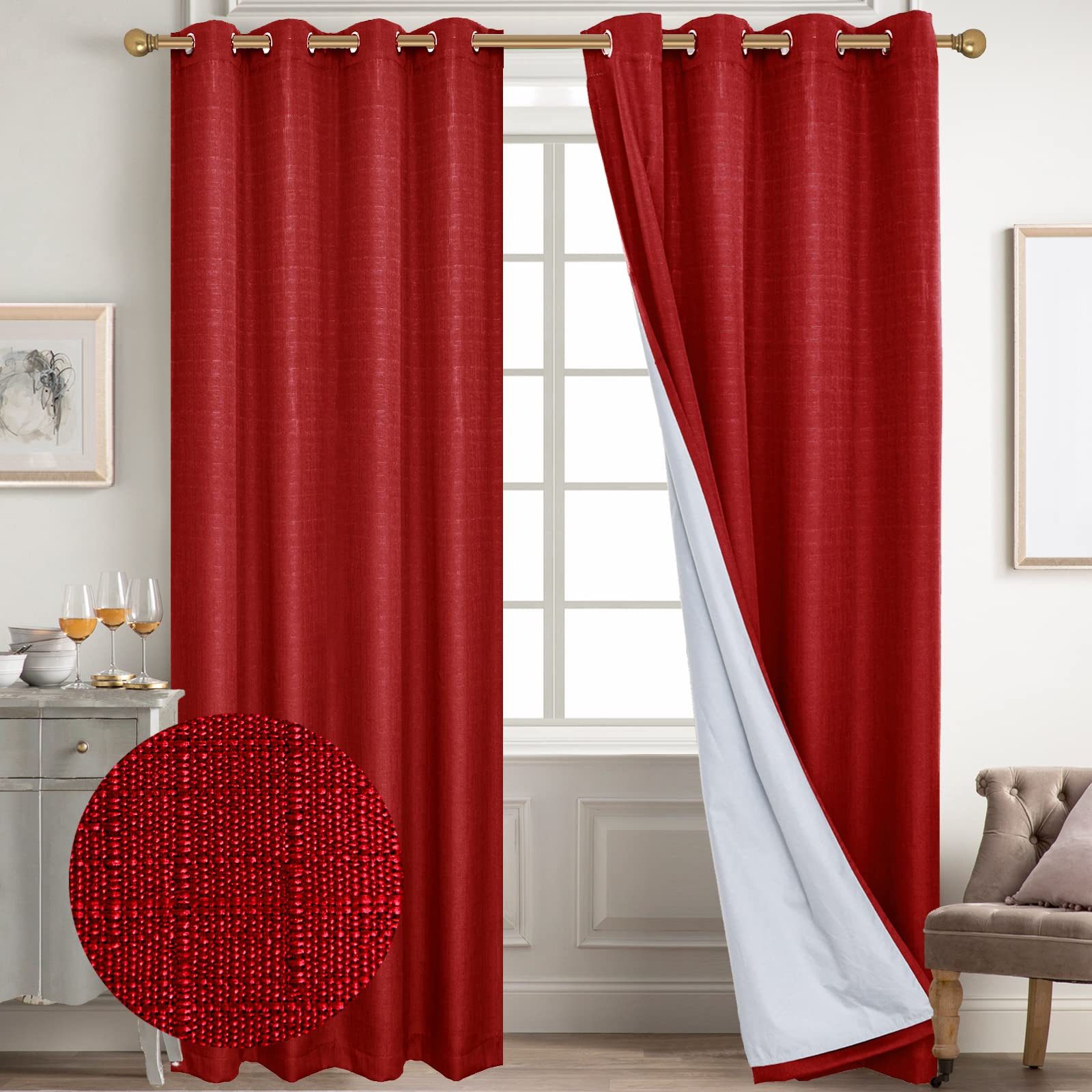 Diraysid 100% Blackout Curtains Red Linen Curtains for Bedroom Grommet Thermal Insulated Room Darkening Drapes (2 Panels, W52 x L95 Inch)