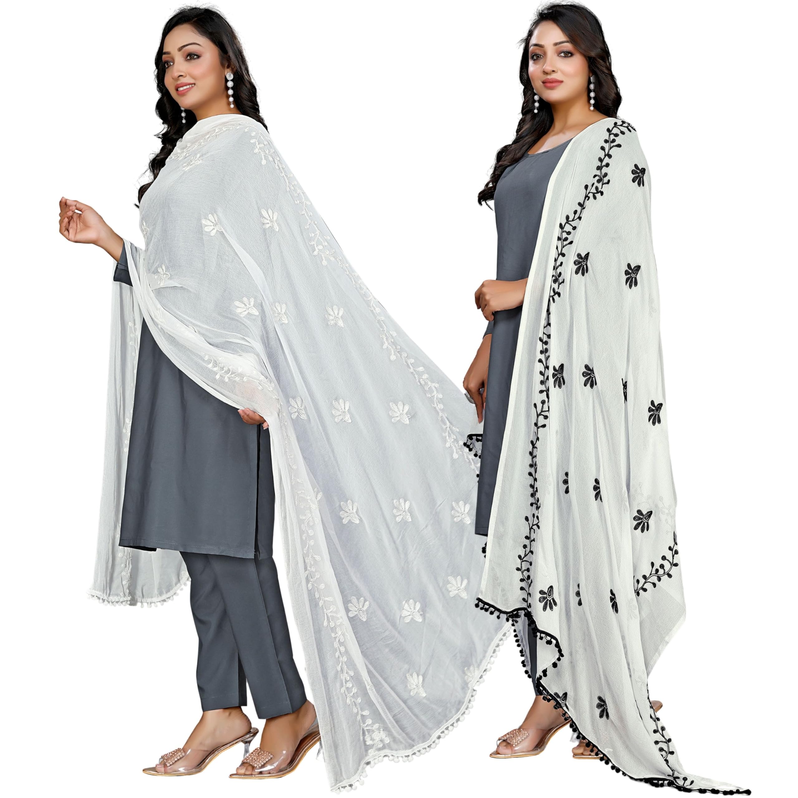 KEMZA Elegant Chiffon Phulkari Embroidered Dupatta with Lace Border for Women – Wear Cmbo 2, White-wb, One Size