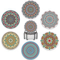 Drink Coasters Set of 6 with Holder Mandala Boho Flower Absorbent Ceramic Coasters with Cork Base Fit All Cups Tabletop Protection Mat for Mugs and Cups Office Kitchen