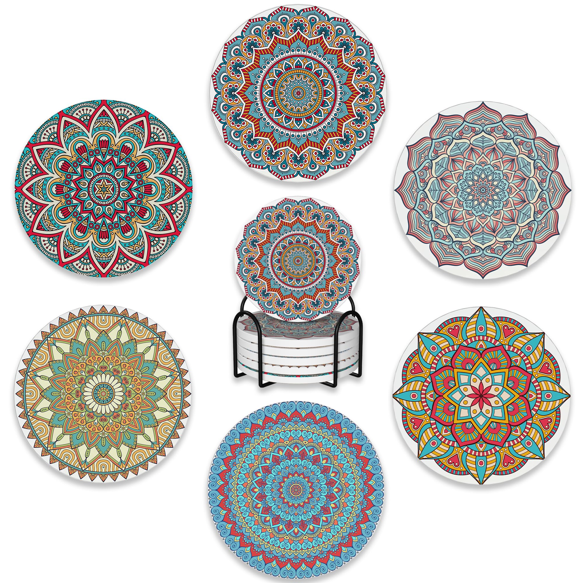 Drink Coasters Set of 6 with Holder Mandala Boho Flower Absorbent Ceramic Coasters with Cork Base Fit All Cups Tabletop Protection Mat for Mugs and Cups Office Kitchen