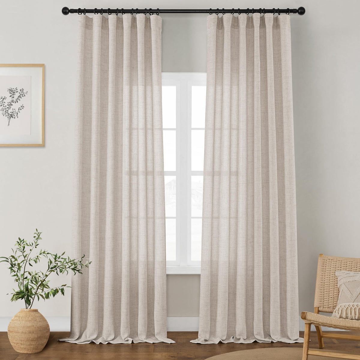 DUKIYO Linen Curtains 132 Inch Length 2 Panels for High Living Room Semi Sheer Light Filtering Extra Long 132 Inch Curtains Floor to Ceiling Drapes Sliding Door Villa Rod Pocket Hook Belt