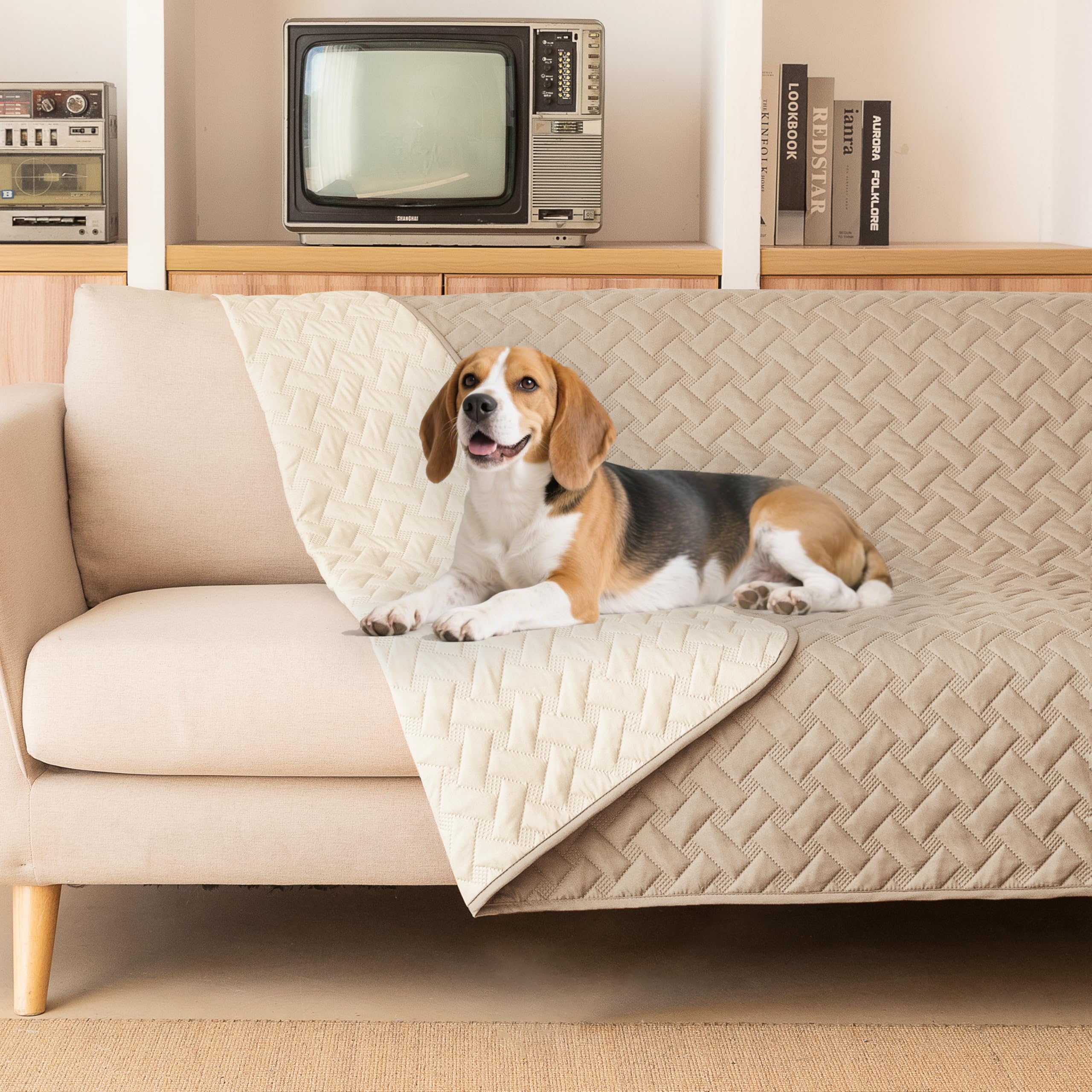 gogobunny 100% Double Sided Waterproof Dog Blanket Soft Bed Pet Cover Reversible Protect Furniture Couch Sofa Car for Puppy Cat Kids (Dark Beige/Light Beige  52x82 Inch (Pack of 1))