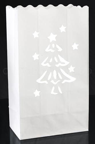 CleverDelights White Luminary Bags - 20 Count - Christmas Tree Design - Flame Resistant Paper - Christmas Holiday Outdoor Decorations - Party and Event Decor - Luminaria Candle Bag - Twenty Bags Refurbished