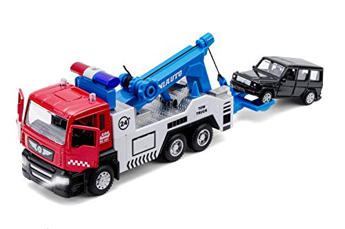 haomsj Toy Tow Truck Pull Back Transport Car Carrier Truck Toy for Boys and Girls, Lights and Sound (Tow Trucks)(Multicolor) Refurbished