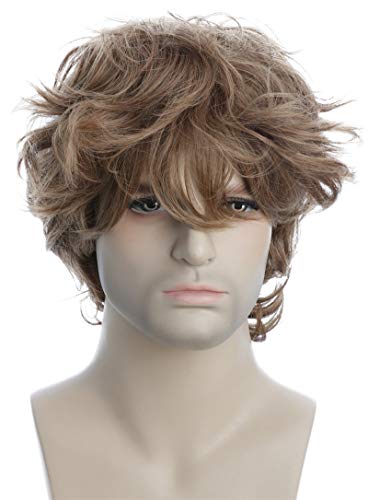 Karlery 7 Inches New Handsome Short Curly Men Fluffy Brown Cosplay Wig with Bangs Halloween Party Cosplay Hair Wig Refurbished