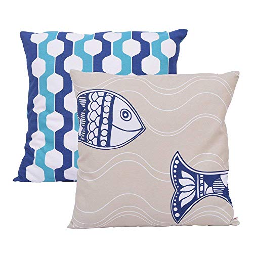 storeindya Throw Pillow Cover 2-Pack Decorative Cushion Case 100% Cotton Farmhouse Couch Cushion Covers Christmas Thanksgiving Gift Indoor Garden Home Bedding Blue-White Geometric Fish-Waves Refurbished