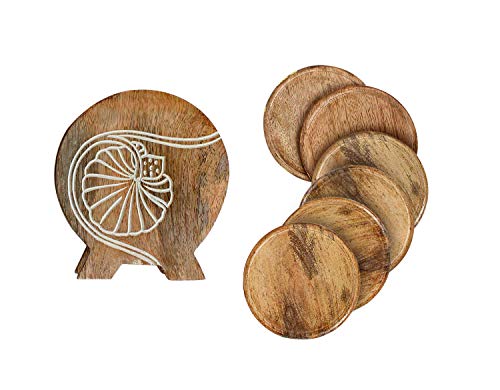 Store Indya Round Wooden Coasters 6-Pack Set Absorbent Drink Coaster with Holder Round Cup Coasters for Cold Drinks and Hot Beverage (Marie Gold Tan) - 4 Inches Refurbished